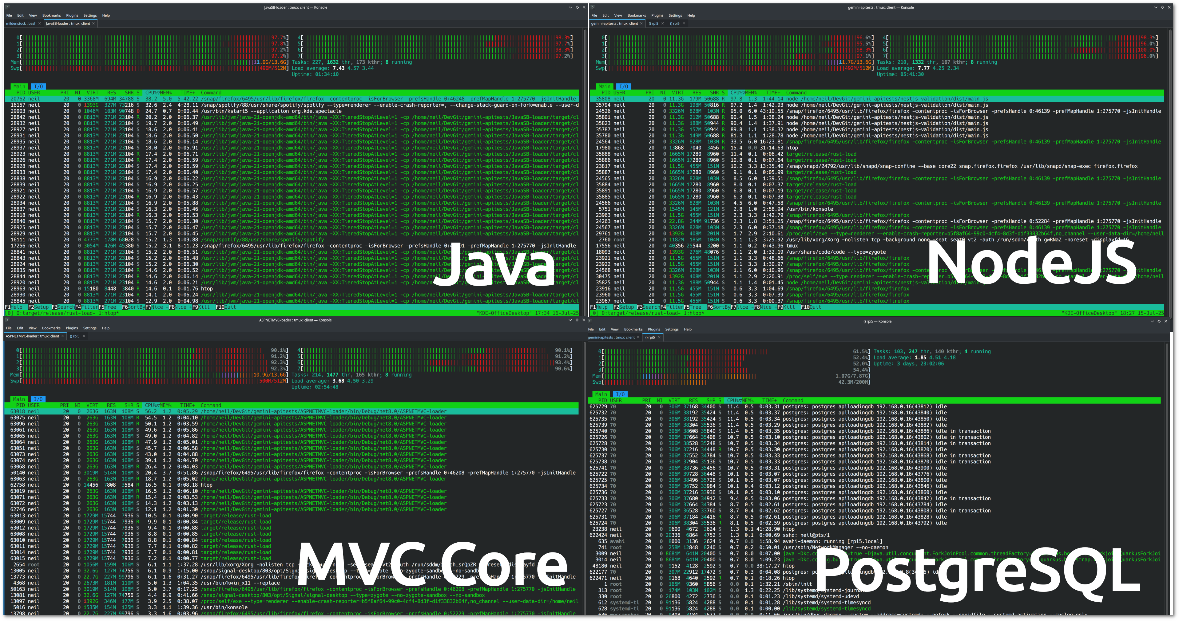 A screenshot displaying a montage of CPU monitoring for MVC Core, Java Spring Boot, NestJS and PostgreSQL