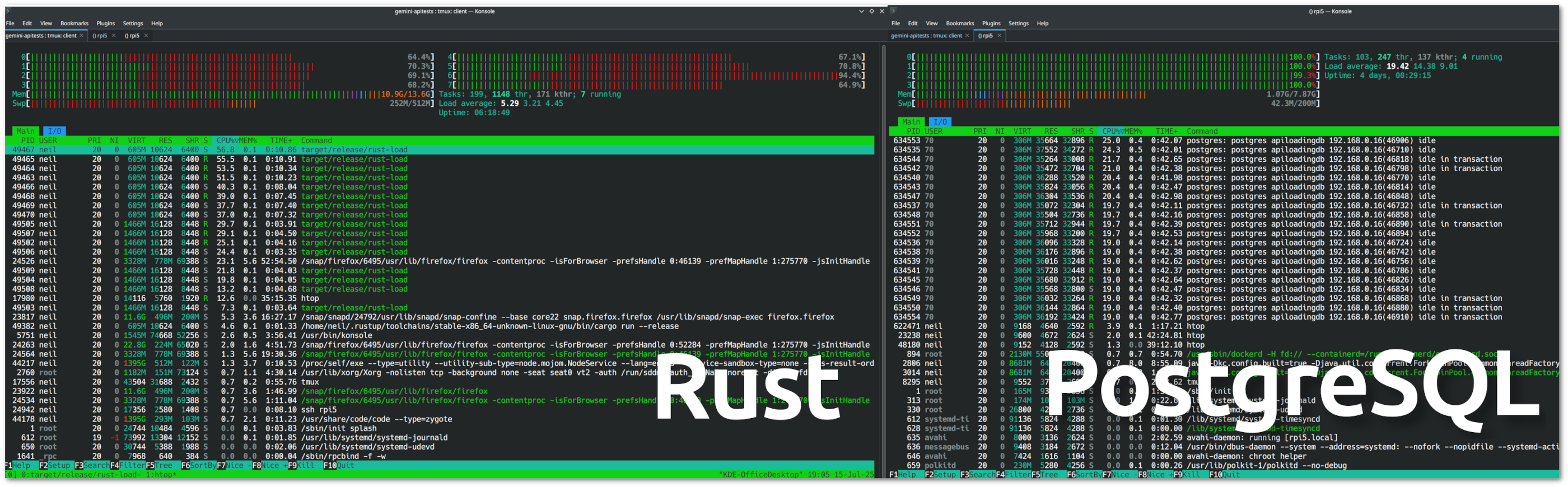 A screenshot displaying a montage of CPU monitoring for Rust and PostgreSQL