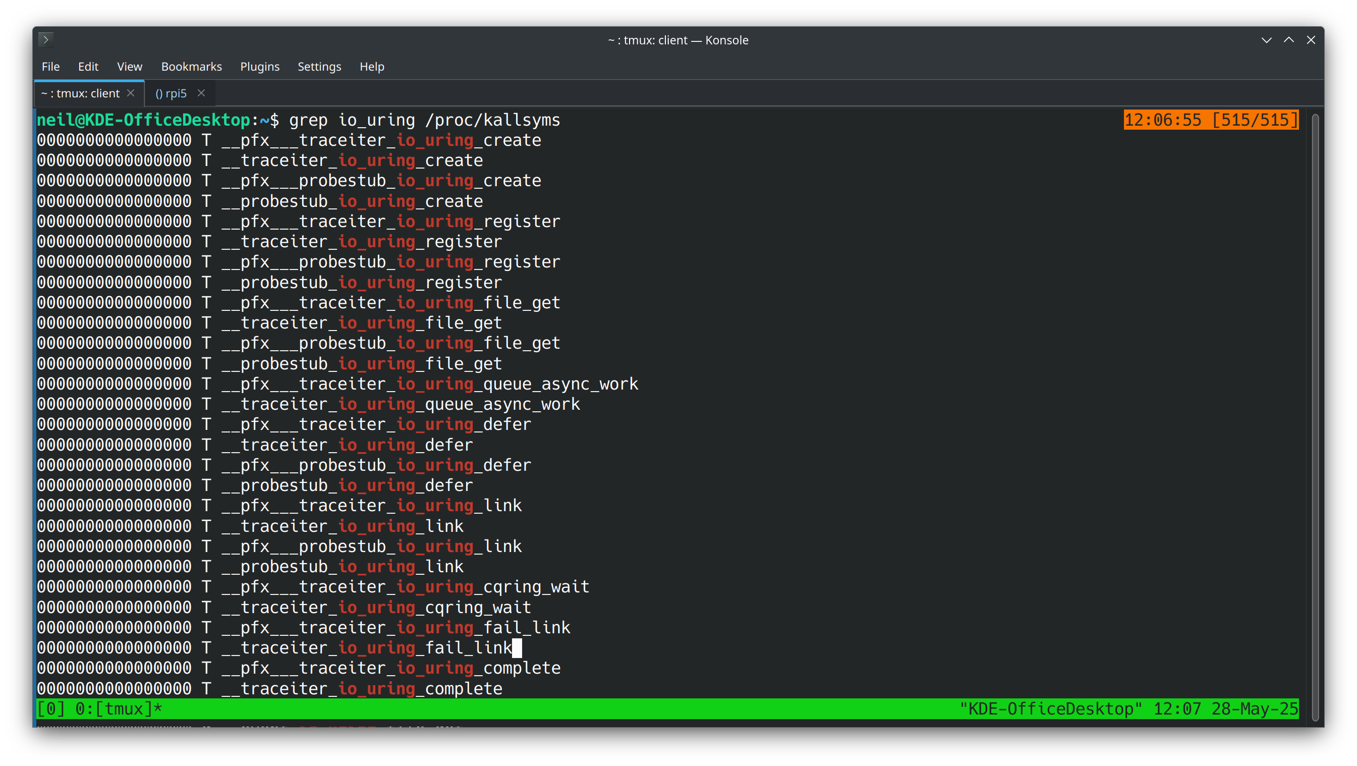 A Linux console showing many references to <code>io_uring</code>.